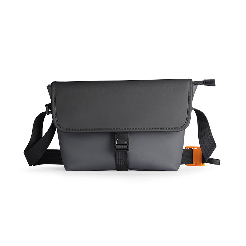Gray business casual crossbody bag with black straps & buckle - MarkRyden Global
