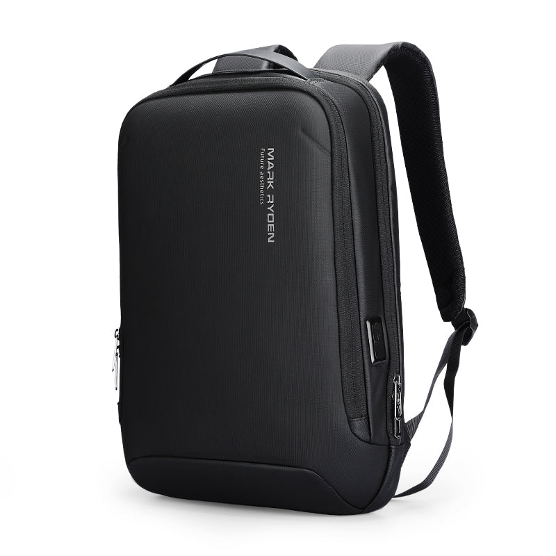 Black futuristic minimalist lightweight backpack by Mark Ryden, featuring USB port, multiple zippered compartments, and padded shoulder straps.