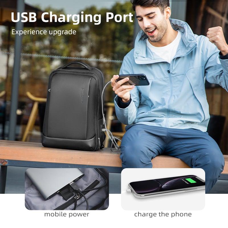 Black durable waterproof high-capacity travel backpack with USB port, shown charging a smartphone, highlighting multi-functional design for modern travelers.