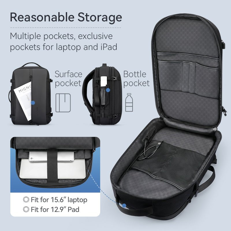 Mark Ryden Global black compact high-capacity smart USB backpack with multiple pockets for laptop and iPad