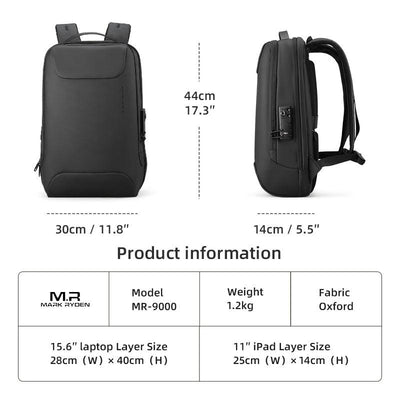 Black Mark Ryden anti-theft laptop backpack with USB port - oxford material, 15.6"" laptop capacity