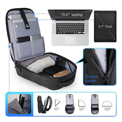 MarkRyden Global modern anti-theft laptop backpack w/USB charging - black w/gray interior compartments