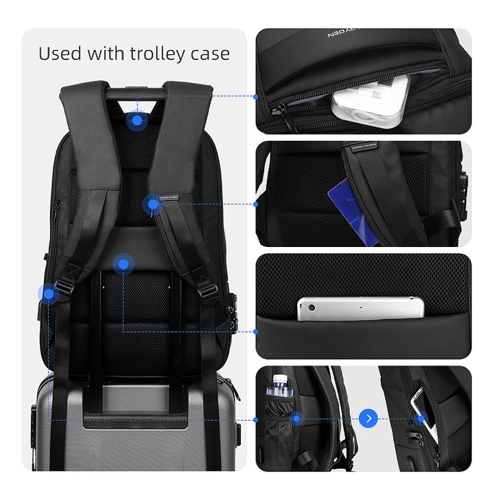 Black anti-theft water-repellent laptop backpack with USB charging, trolley case compatibility, and compartments for laptop, phone, water bottle.