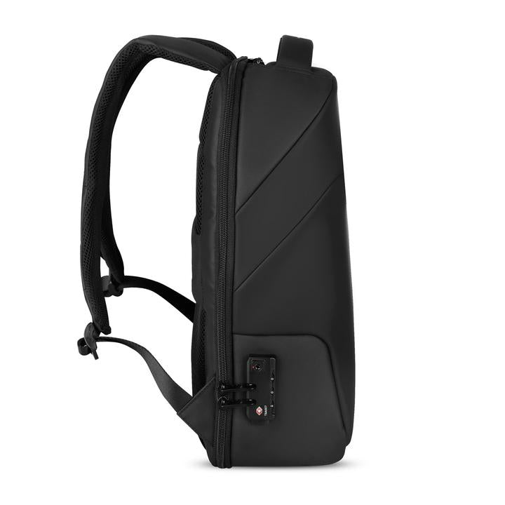 Modern black anti-theft laptop backpack with USB charging and combination lock