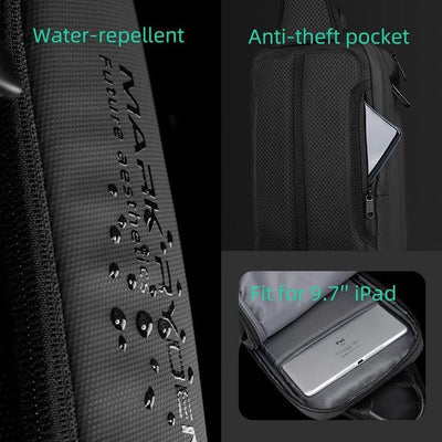 Mark Ryden mini adventurer sling bag - water-repellent black fabric, anti-theft pocket, fits 9.7" iPad