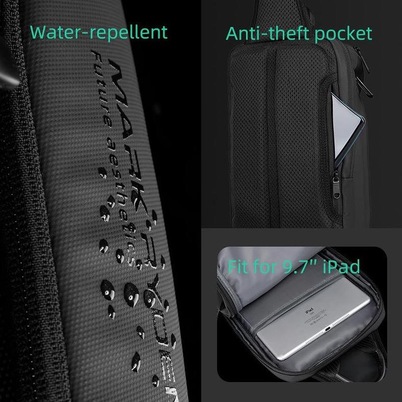 Mark Ryden mini adventurer sling bag - water-repellent black fabric, anti-theft pocket, fits 9.7" iPad