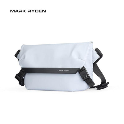Light gray Mark Ryden Mailman messenger bag with black trim, adjustable straps, and youthful energetic design.