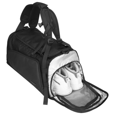 Black durable polyester travel bag with easy access pockets holding white sneakers - Mark Ryden Global