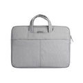 Gray fabric business laptop bag with dual handles, front pocket, and zippered closure, designed for 13.3-15.6 inch laptops in mature stable work style.
