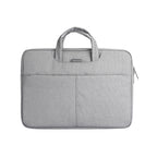Gray fabric business laptop bag with dual handles, front pocket, and zippered closure, designed for 13.3-15.6 inch laptops in mature stable work style.