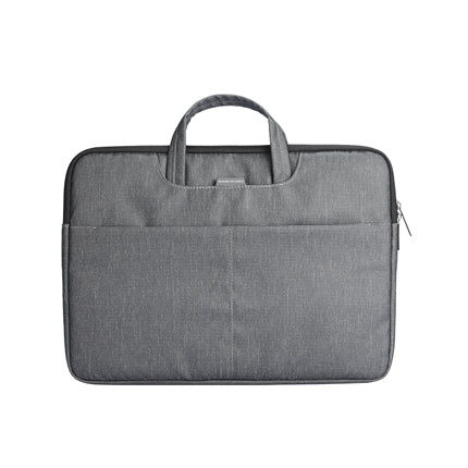 Gray textured business laptop bag with dual handles, front zippered pocket, and secure closure for 13.3-15.6 inch laptops.