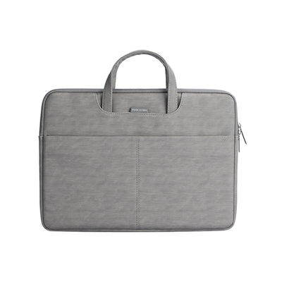 Gray business laptop bag with dual handles, front pocket, and zippered closure, suitable for 13.3-15.6 inch laptops by MARK RYDEN Global.