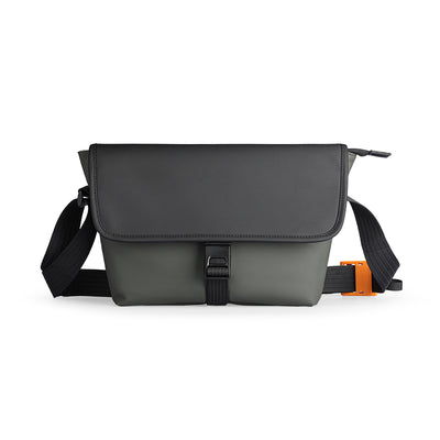 MarkRyden Global business casual travel crossbody bag - two-tone gray with black straps, buckle closure