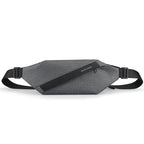 Gray textured UrbanStride Compact City Explorer’s Satchel Crossbody Bag with black adjustable straps and diagonal panel, Mark Ryden logo.